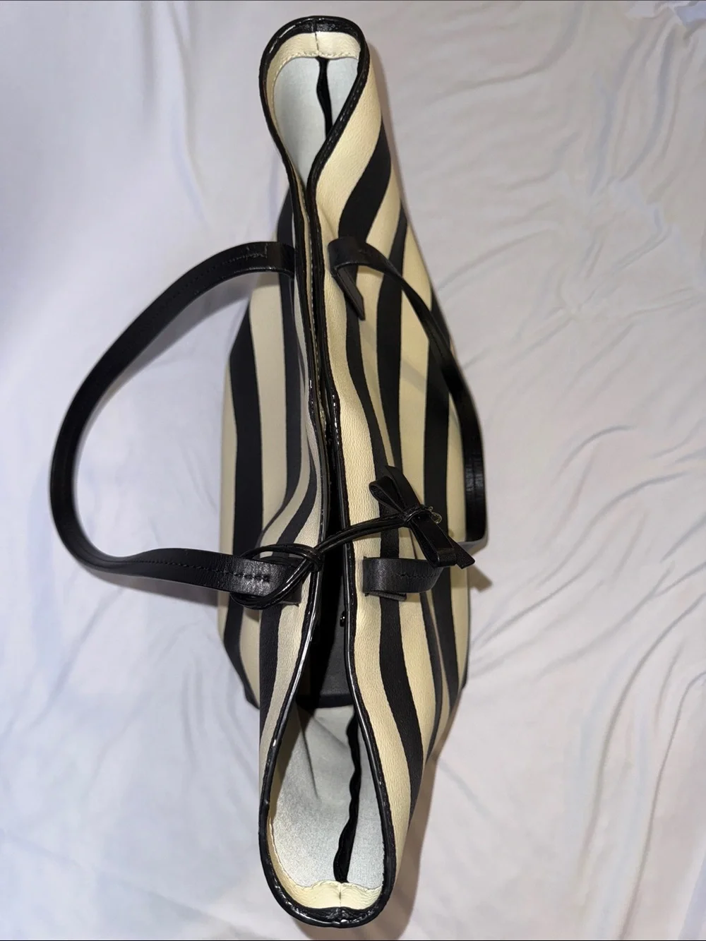 kate spade Black and White Striped Leather Tote with Bow Charm - Picture 8 of 8